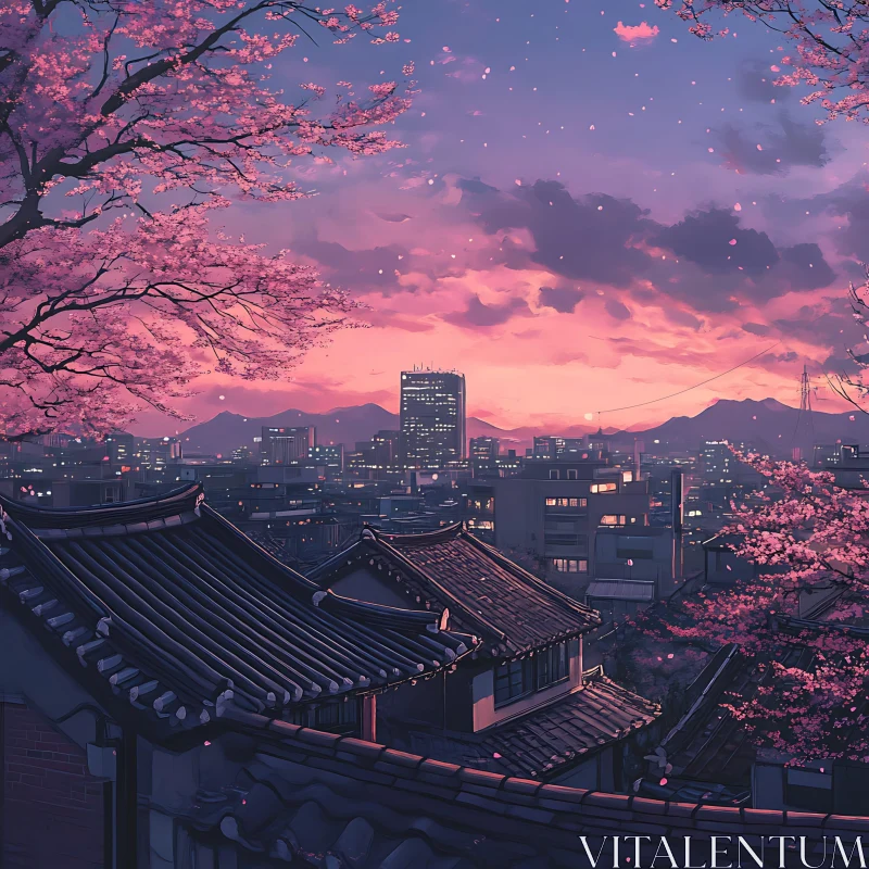 City at Sunset with Rooftops and Cherry Blossoms AI Image