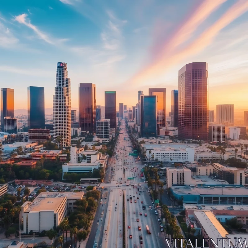 Urban Sunset with Skyscrapers and Central Road AI Image