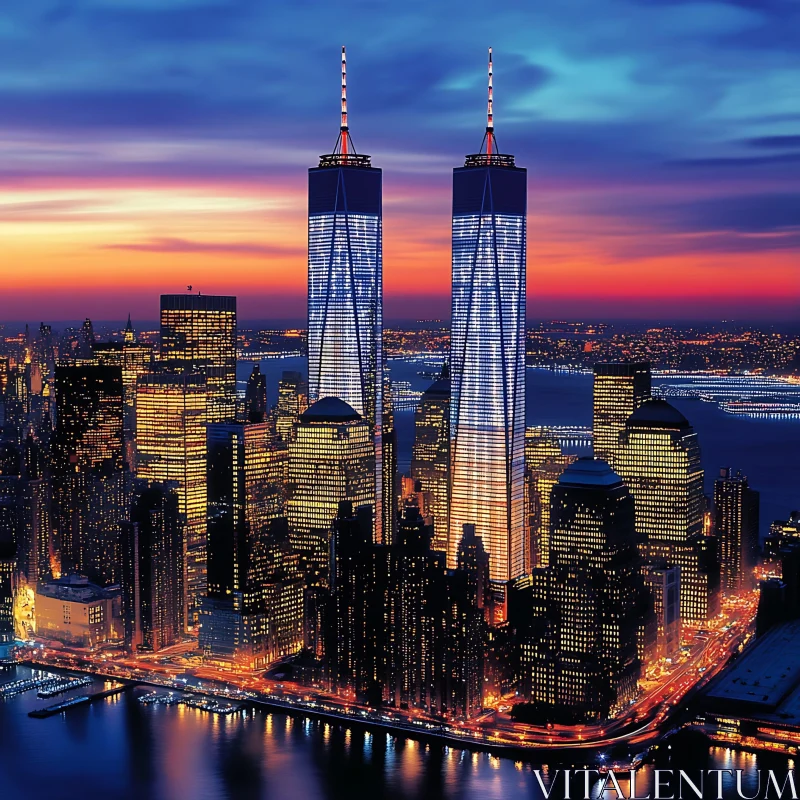 Twilight Cityscape with Illuminated Skyscrapers AI Image