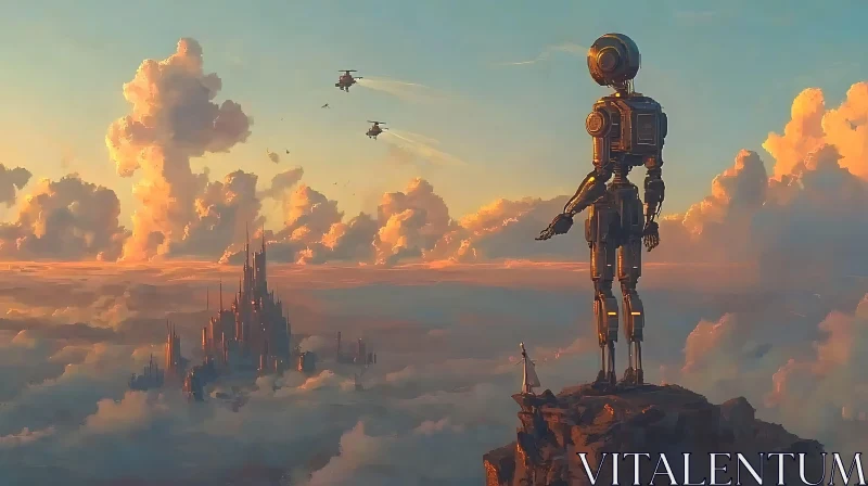 A Towering Robot and a Futuristic Sunset Cityscape AI Image