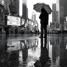 Monochrome Urban Landscape with Umbrella and Reflections