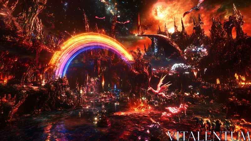 Magical Realm with Radiant Rainbow and Creatures AI Image