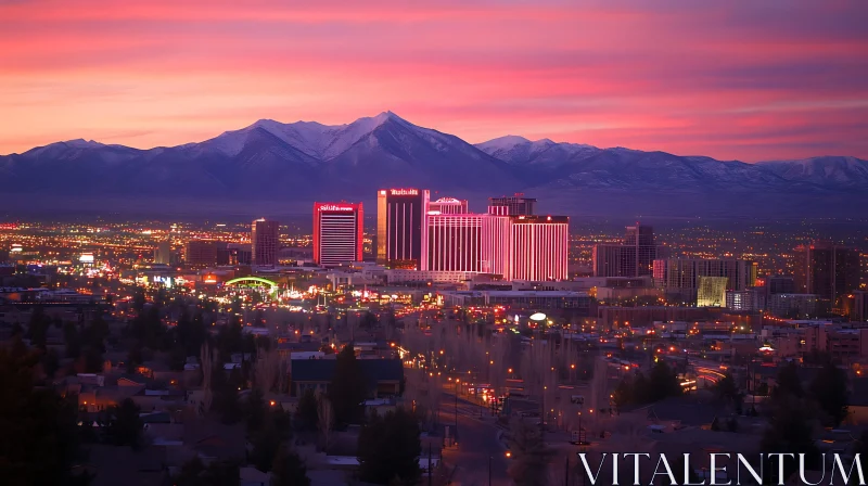 AI ART Urban Sunset with Neon-Lit Buildings and Mountain Backdrop