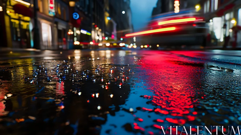 Nighttime City Street with Reflective Puddles AI Image