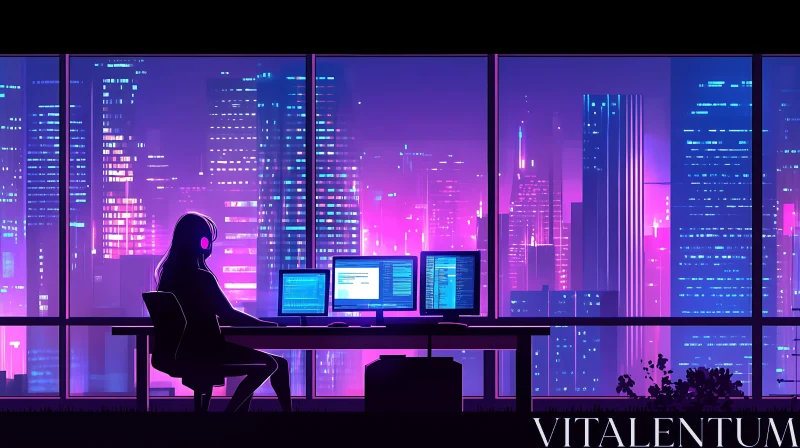 Neon Cityscape Office Scene AI Image