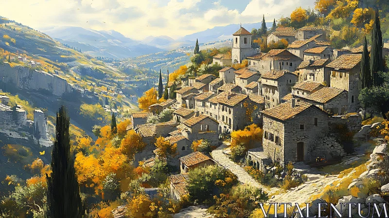 AI ART Rustic Village on Mountain Slope