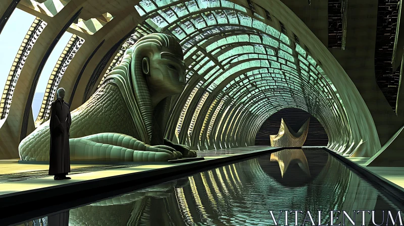 Sci-Fi Sphinx Statue Reflecting in Glass Tunnel AI Image