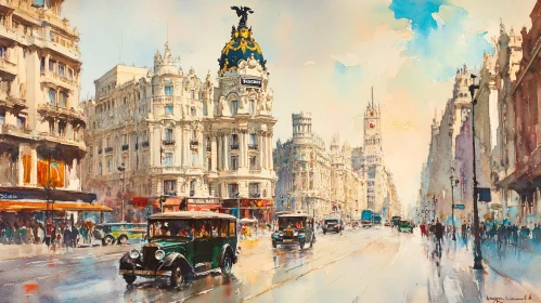 Vintage Cars and Historic Architecture in Watercolor