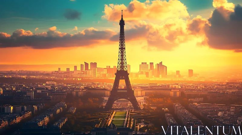 Paris Skyline Featuring Eiffel Tower at Sunset AI Image