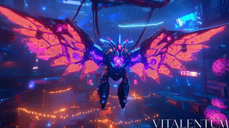 Cyborg with Neon Butterfly Wings in High-Tech Environment AI Image