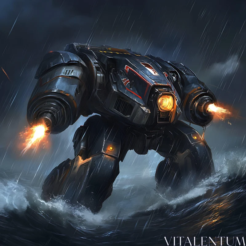 Battle Mech Amidst Torrential Downpour AI Image