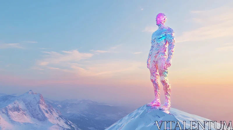 Reflective Figure on Summit During Sunset AI Image