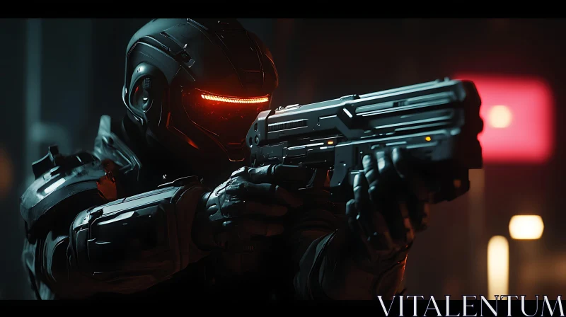 Cyborg Warrior in Armor with Futuristic Gun AI Image