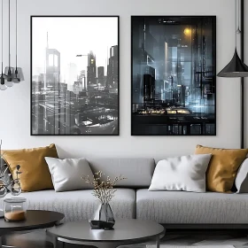 Futuristic Cityscape Art in Stylish Living Room