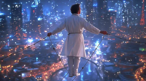 High-Rise Tightrope Walk Amidst City Lights