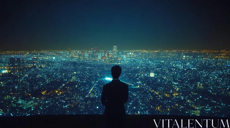 Silhouette Watching City Lights at Night AI Image