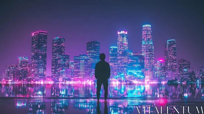 Silhouette Against Neon-Lit City at Night AI Image