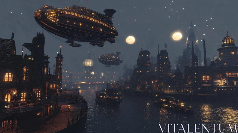 Illuminated Steampunk Metropolis in Rainy Night AI Image