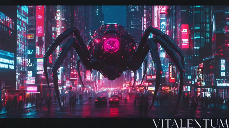 Cyberpunk Spider Robot in Neon Cityscape AI Image