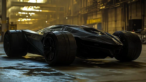 Sleek Black Futuristic Vehicle in Dimly Lit Interior