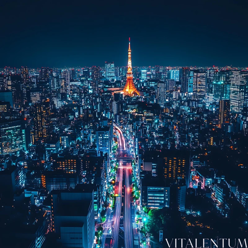 Tokyo Tower Illuminated in Night Cityscape AI Image