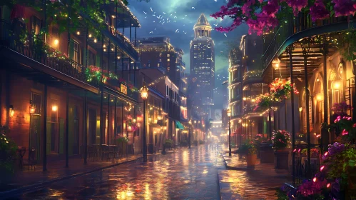 Enchanting Night Scene of Urban Street with Lights and Nature