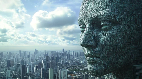 Giant Technological Face Overlooking a Modern Metropolis