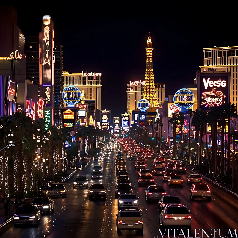 Las Vegas Nighttime Cityscape with Neon Lights and Traffic AI Image