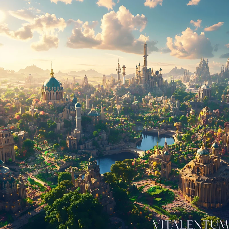 Majestic Castles and Greenery in a Fantastical Cityscape AI Image