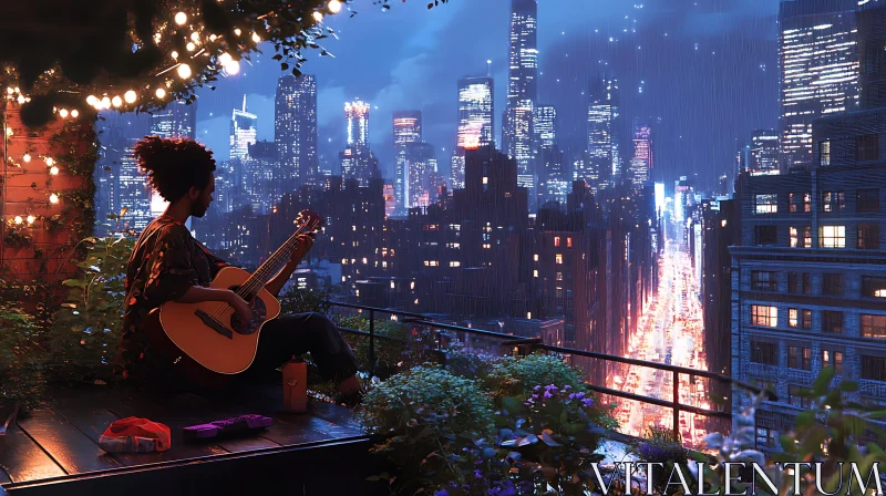 Serene Night with Guitar on City Balcony AI Image