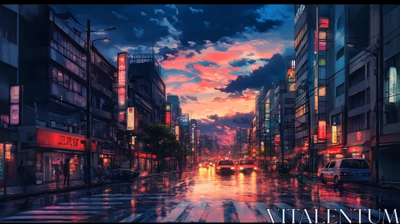 Neon-Lit City Street at Dusk AI Image