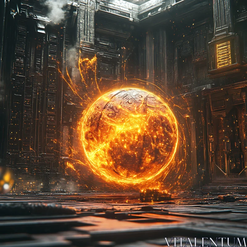 Fiery Orb in Industrial Setting AI Image