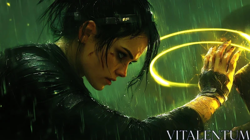 Cyberpunk Female Warrior with Neon Glow in Rain AI Image