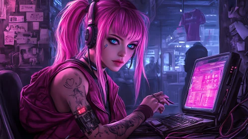 Cyberpunk Woman at a Neon Pink Computer