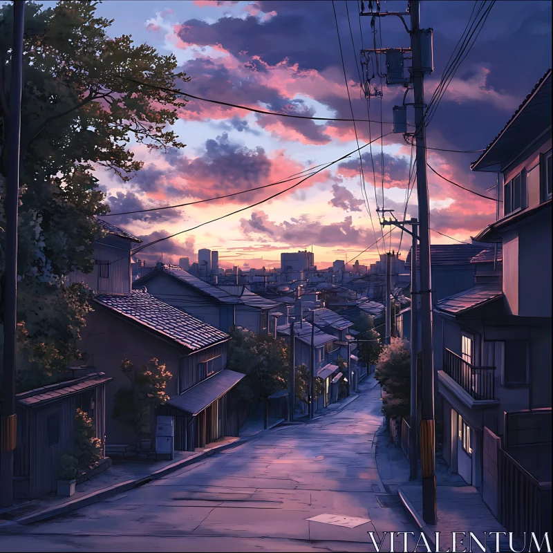 AI ART Sunset Over an Urban Street with Traditional Buildings and Power Lines