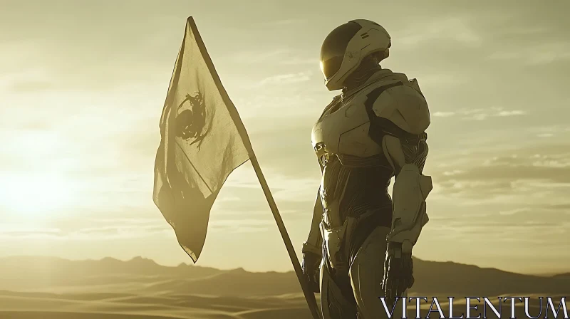 AI ART Futuristic Robot under Golden Sunset with Flag