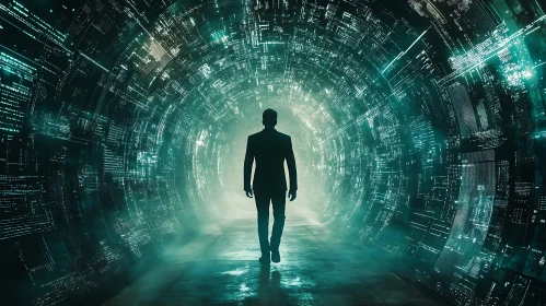 Person Walking in Cyber Tunnel