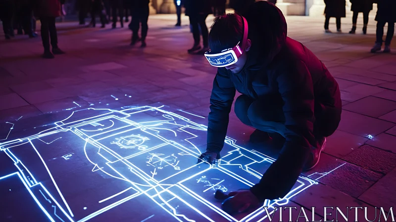 Virtual Reality Hologram Interaction on Urban Sidewalk AI Image