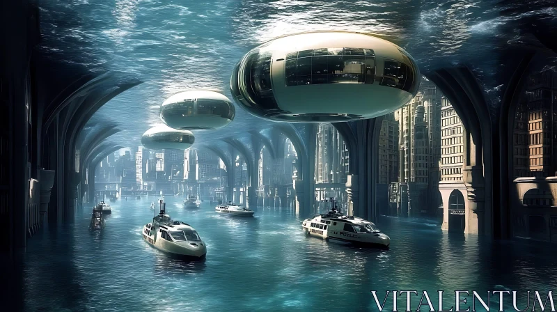 Innovative Underwater City with Police Boats AI Image