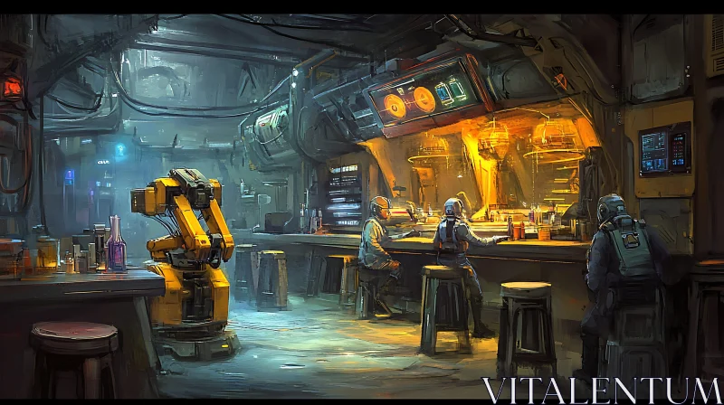 Cyberpunk Bar with Robots and Industrial Design AI Image