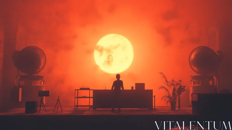 Mystical Laboratory with Radiant Sun and Silhouette AI Image