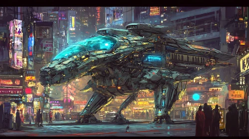 High-Tech Starcraft in Vibrant Cyberpunk City