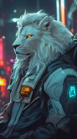 Cybernetic White Lion in Futuristic Urban Setting