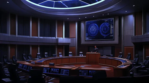 Futuristic Conference Room with Data Visualizations