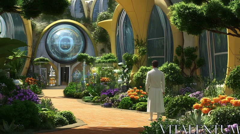 Serene Garden with Futuristic Building AI Image