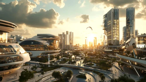 Sunset Over a Futuristic Urban Landscape with Modern Buildings