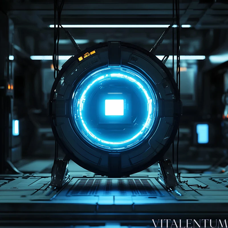 Glowing Blue Circular Technology in Dim Industrial Room AI Image