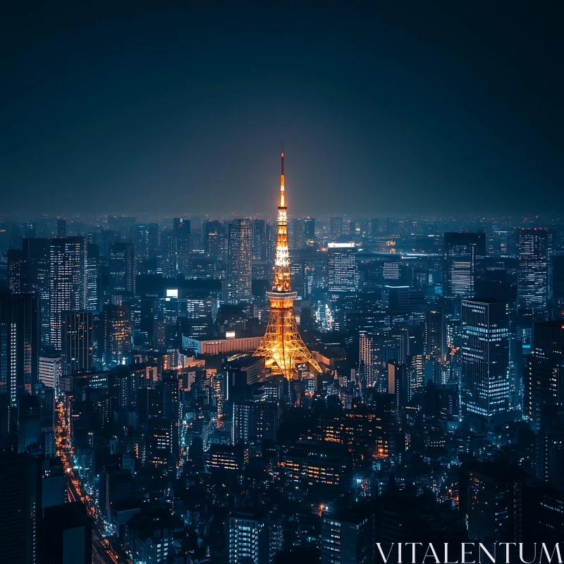 Illuminated Urban Skyline at Night AI Image