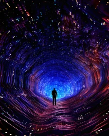 Person in a Digital Tunnel of Lights