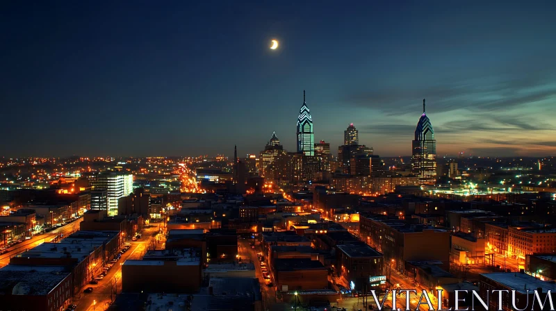 AI ART Nighttime Urban Skyline with Bright City Lights and Crescent Moon